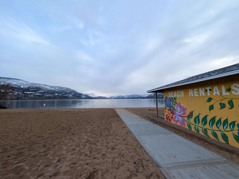 Alt: Penticton BC waterfront and Skaha Lake with hills in the background